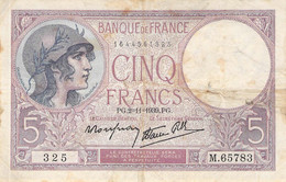 Frankreich, 5 Francs, 1939 VF/F III - 5 F 1917-1940 ''Violet''