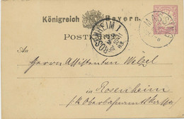 BAYERN "MASSING" Markt Massing Nby. U. "ROSENHEIM I" K1 5 Pf GA-Postkarte 1883 - Postal  Stationery
