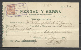 A148D-SELLO FISCAL EN DOCUMENTO AÑO 1910 COMPLETO FISCALES BARCELONA FERROCARRIL RAIL WAY TRENES PERNAU Y SERRA . - Fiscaux-postaux