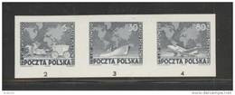 POLAND 1949 75TH ANNIV OF UPU STRIP OF 3 BLACK PROOFS NHM (NO GUM) MAPS PLANES SHIPS HORSES CARRIAGES - Ensayos & Reimpresiones