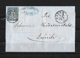 1854-1862 Helvetia (ungezähnt) → Siegel Briefhülle Baden (Gebr. Billetter) Nach Zürich      ►SBK-23B4.Vb◄ - Lettres & Documents