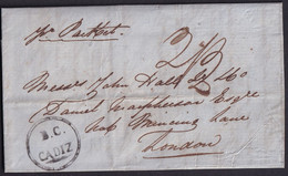 1855. CÁDIZ A LONDRES. MARCA B.C./CADIZ EN TINTA ESCRIBIR. MNS. PER PACKET. TASA 2/3 CHELINES-PENIQUES. MUY BONITA. - ...-1840 Vorläufer