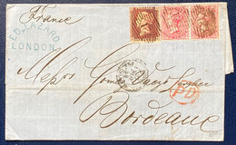 Angleterre Lettre De 1858 N°10 1penny Brun Rouge & N°17 (moyenne Jarretière) En Paire Obl GC 21 Pour Bordeaux RR - Lettres & Documents