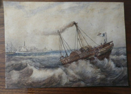 BATEAU A AUBES AQUARELLE REMORQUEUR 1912 Souvenir Mariage Ferdinand Des Ternes, Aquarelle Et Crayon, En 25 Sur 18 Cm - Arte