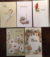 10 Menus Divers, (6 Gaufrés, 9 Vierges), Illustrations Diverses, Bébés -Baptème, Cuisines, Fleurs, Religieuses... - Menus