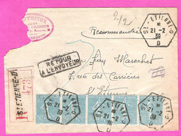 Lettre Recommandée Retour Envoyeur  Bande 5 Semeuse Lignée 50c. Cachet Recette Auxiliaire Urbaine St Etienne "D" 1939 - 1921-1960: Modern Period