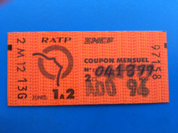Août 94 -Ticket Billet Métro-Bus-Train-S.N.C.F✔️R.A.T.P-☛Régie Autonome Transport Parisien-Train-Métropolitain-Zone 1/2 - Europe