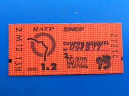 Mars. 95 -Ticket Billet Métro-Bus-Train-S.N.C.F✔️R.A.T.P-☛Régie Autonome Transport Parisien-Train-Métropolitain-Zone 1/2 - Europe