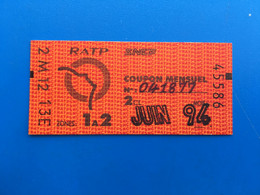 Juin 94 -Ticket Billet Métro-Bus-Train-S.N.C.F✔️R.A.T.P-☛Régie Autonome Transport Parisien-Train-Métropolitain-Zone 1/2 - Europe