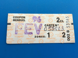 Fev -96 Ticket Billet Métro-RER-Bus-Train-S.N.C.F✔️R.A.T.P-☛Régie Autonome Transport Parisien-Train-Métropolitain-Coupon - Europe