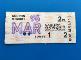 Mars-96 Ticket Billet Métro-RER-Bus-Train-S.N.C.F✔️R.A.T.P-☛Régie Autonome Transport Parisien-Train-Métropolitain-Coupon - Europe