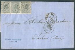 N°17(3) - 10 Centimes (x3) Em. Léopold Ier De Profil Obl. LP 374 Sur Lettre De VERVIERS (Octave Couvreur) Le 27 Juin 186 - 1865-1866 Perfil Izquierdo