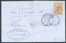 N°19 - 30 Centimes Em. Léopold Ier De Profil Obl. LP 374 Sur Lettre De VERVIERS (Hypolite VALENTIN) Le 30 Novembre 1868 - 1865-1866 Perfil Izquierdo