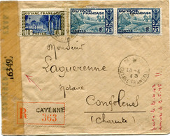 GUYANE FRANCAISE LETTRE RECOMMANDEE CENSUREE DEPART CAYENNE 10-4-45 GUINEE FRANCAISE POUR LA FRANCE - Lettres & Documents