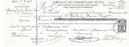 Quittance. Chèque. Compagnie Des Propriétaires Réunis. Bruxelles - 1900 – 1949