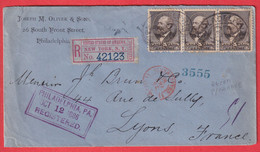 ETATS UNIS USA N°62 BANDE DE TROIS RECOMMANDE PHILADELPHIA 1886 LYON RHONE FRANCE - Sonstige & Ohne Zuordnung