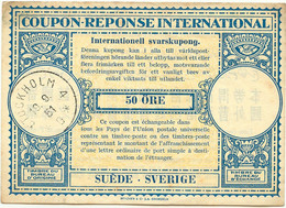 SCHWEDEN Internationale Antwortschein IAS Wz. UPU 50Öre M. K1 "Stockholm 4" 1951 - Interi Postali