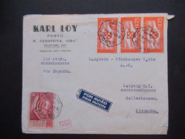 Portugal 1940 Zensurbeleg OKW Mehrfachzensur Umschlag Karl Loy Porto - Leipzig Flugpostmarke Nr. 592 (3) MiF - Covers & Documents