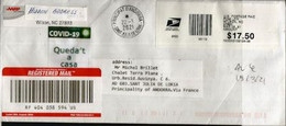 Registered Letter From North-Carolina Sent To Andorra During Covid-19 Lockdown, With Local Prevention Sticker STAY HOME - Storia Postale