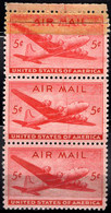 1947 5c DC-4 Skymaster. Scott No C32. Tape Repaired By Printer On Top Stamp, Then Printed Over The Tape! - Plaatfouten En Curiosa