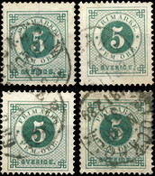 SUÈDE / SWEDEN / SVERIGE - 1886/9 - 4x Mi.32 / Facit 43 5ö Green (with Posthorn) - Used Stamps