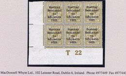 Ireland 1922 Thom Rialtas Blue-black Ovpt 1s Bistre-brown Control T22 Imperf Corner Block Of 6 Plate 8 Mint Ex Field - Ungebraucht