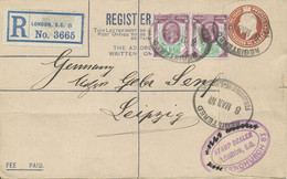 GB 1910 Edward VII Postal Stationery Registered Env Uprated W 1 1/2d (2x) Coated Paper To GEBRÜDER SENF, LEIPZIG - Lettres & Documents