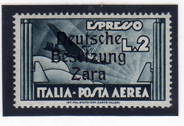 ZARA OCCUPAZIONE TEDESCA GERMAN OCCUPATION 1943 POSTA AEREA AIR MAIL ESPRESSO VARIETÀ VARIETY LIRE 2 MNH FIRMATO SIGNED - Occ. Allemande: Zara