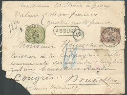 N°47-61 Obl. Sc GIVRY Sur Lettre ASSURE (valeur 400frs) Du 13 Déc. 1892 Vers Bruxelles Via Mons. - 17828b - 1884-1891 Leopold II