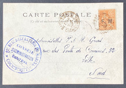 France Cochinchine Carte Timbre Franchise Militaire N°1 15c Mouchon Obl Saigon + Cachet 11e Regt Dinfanterie De Marine - Covers & Documents