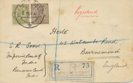 INDIA 1931, GV 4 Annas And 1 Anna (coil- Or Bookletstamp) On Fine Registered Cover From „MENARES CANT“ To BOURNEMOUTH - 1911-35 Koning George V