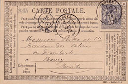 23864# SAGE N°66 CARTE PRECURSEUR Obl TROYES 1876 T17 AUBE CHAMPAGNE Pour NANCY MEURTHE MOSELLE - Voorloper Kaarten