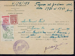 Espagne - 1943 - Affranchissement De Timbres Fiscaux Sur Document "Ayuntamiento De Barcelona - Padron De Habitantes" - Fiscaux-postaux