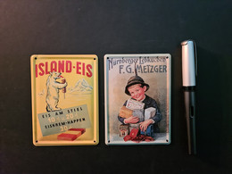 2 Mini-Blechreklameschilder Island Eis Und Metzger Nürnberger Lebkuchen (neu) - Blechschilder (ab 1960)