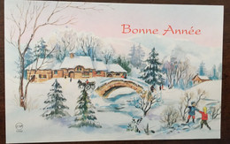 Cp , Bonne Année, éditions ESP 1596, Illustration Village Enneigé, Pont, Attelage, Sapins, Enfants - New Year