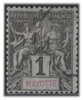 Mayotte 1892 Yv. N°1 - 1c Noir S. Azuré - Oblitéré - Oblitérés