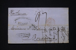 INDE - Lettre De Bombay Pour La France En 1863, Cachet D'entrée En Rouge " Poss.Ang.V. Suez Marseille "- L 96687 - 1858-79 Compagnie Des Indes & Gouvernement De La Reine