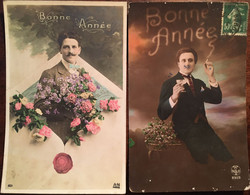 2 CPA, Bonne Année, Fantaisies, édition A. Noyer (A.N), Hommes, Avec Fleurs, écrites En 1909 Et 1923 - Men