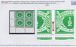 Ireland 1940-69 Watermark E ½d Green Var. "Flaw Outside Frame" Of Row 9/1 In A Corner Block Of 4 Mint Unmounted - Timbres-taxe