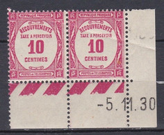 N° 56 Taxes 10c Rose Belle Paire De 2  Timbres Neuf Impeccable Sans Charnière Coins Datés 5.11.30 - Portomarken