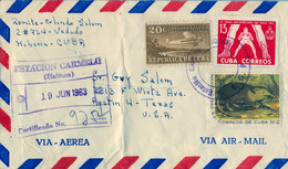 1963 CUBA , SOBRE CERTIFICADO , ESTACIÓN CARMELO ( HABANA ) - AUSTIN , CORREO AÉREO , LLEGADA , BOXEO , FAUNA - Lettres & Documents