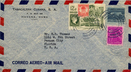 CUBA , SOBRE CIRCULADO , LA HABANA - FLORIDA , TABACALERA CUBANA , CORREO AÉREO, PLAZA DE LA FRATERNIDAD - Lettres & Documents