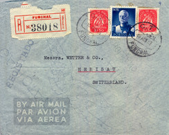 1946 PORTUGAL , SOBRE CERTIFICADO ,  FUNCHAL - HERISAU , TRÁNSITO LISBOA , LLEGADA , CORREO AÉREO - Funchal