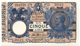 5 LIRE BIGLIETTO DI STATO VITTORIO EMANUELE III FLOREALE 05/11/1914 FDS-/FDS - Sonstige