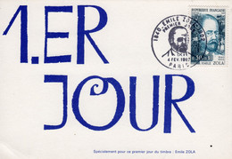 Emile Zola - Carte 1er Jour Paris 4.2.67 N°1511 Portrait De L'écrivain Et Journaliste Français - 1960-1969