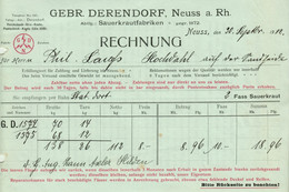 Neuss Neuß 1912 A5 Deko Rechnung " Gebr. Derendorf Sauerkrautfabriken " Dokument - Alimentos