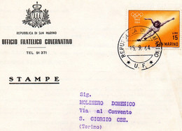 Saint-Marin - Carte De L'Office Philatélique Du 15/09/1964 Pour L'Italie Avec N°YT 620 (1964) JO Tokyo-saut En Longueur. - Storia Postale