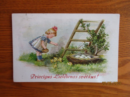 EASTER , GIRL FEEDING CHICKENS , SIGNED E. FRANK , OLD POSTCARD ,0 - Frank, Elly