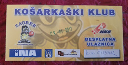 KK ZAGREB- KK CIBONA 2013. MATCH TICKET - Habillement, Souvenirs & Autres