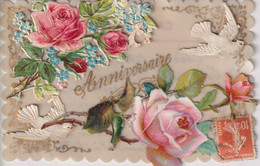 Anniversaire Roses Pigeons Carte Mobile Et Animé R. Française  PORCELAINE PORSELEIN PORCELAIN POSTCARD FANTAISIE FANTASY - Porzellan